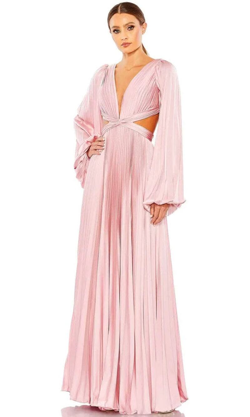 NWT Ieena for Mac Duggal Satin Pleated Long Sleeve V-Neck A-Line Gown Pink 10